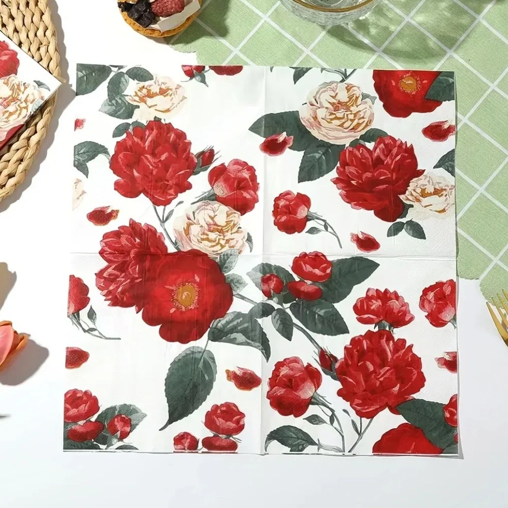 Two (2) Individual Red and Cream Roses Decoupage Luncheon Size Napkins